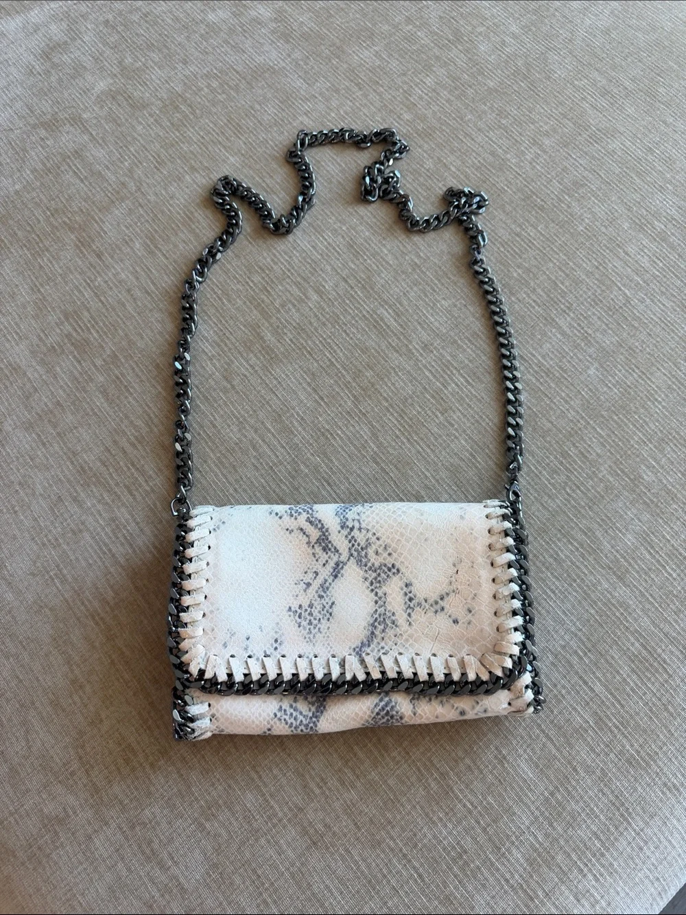Leather White Snake-Print Crossbody with Gunmetal Chain